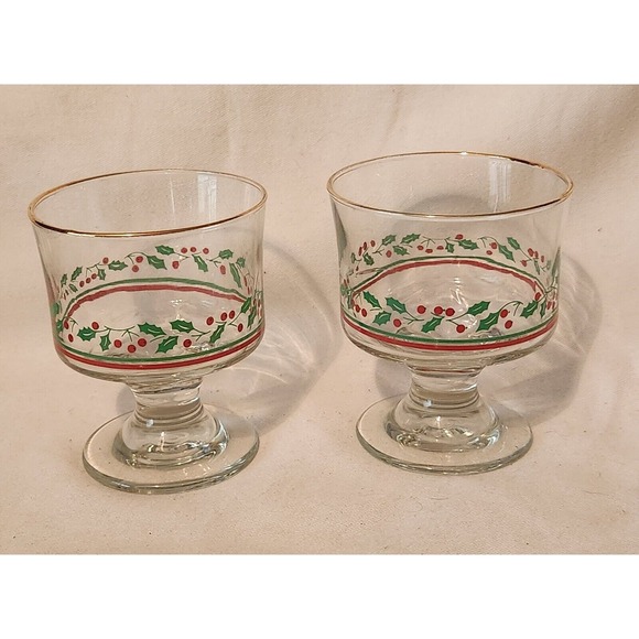 Libbey Other - ARBY'S Libbey Holly & Berries Flat Champagne,‎ Sherbet, Dessert 4" Glass; Gold-2